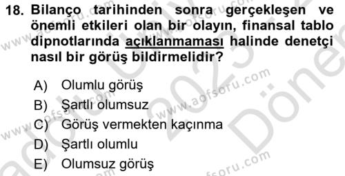 Muhasebe Denetimi Dersi 2023 - 2024 Yılı (Final) Dönem Sonu Sınavı 18. Soru