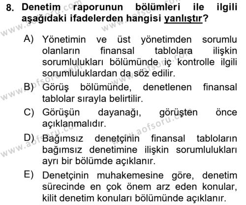 Muhasebe Denetimi Dersi 2023 - 2024 Yılı (Final) Dönem Sonu Sınavı 8. Soru