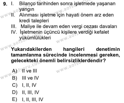 Muhasebe Denetimi Dersi 2023 - 2024 Yılı (Final) Dönem Sonu Sınavı 9. Soru