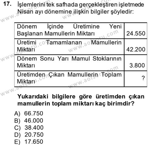 Maliyet Analizleri Dersi 2013 - 2014 Yılı (Final) Dönem Sonu Sınavı 17. Soru
