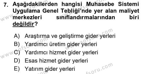 Maliyet Analizleri Dersi 2021 - 2022 Yılı (Vize) Ara Sınavı 7. Soru