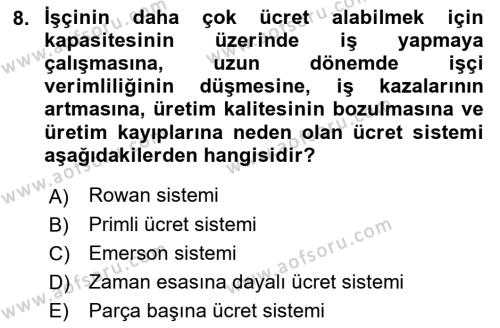 Maliyet Analizleri Dersi 2021 - 2022 Yılı (Vize) Ara Sınavı 8. Soru