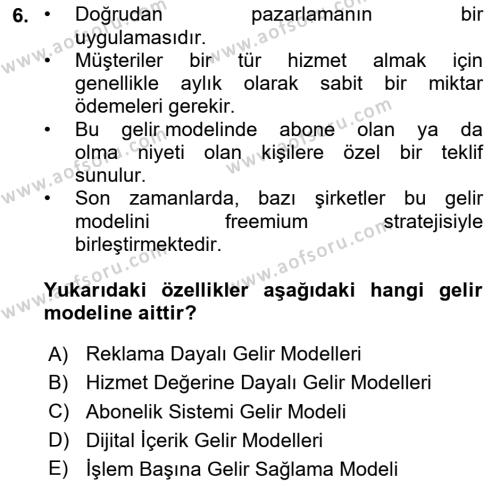 E-Perakendecilik Dersi 2020 - 2021 Yılı Yaz Okulu Sınavı 6. Soru