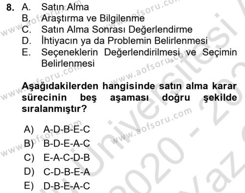 E-Perakendecilik Dersi 2020 - 2021 Yılı Yaz Okulu Sınavı 8. Soru