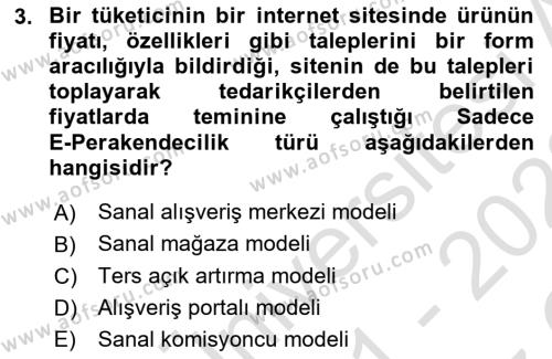 E-Perakendecilik Dersi 2021 - 2022 Yılı Yaz Okulu Sınavı 3. Soru