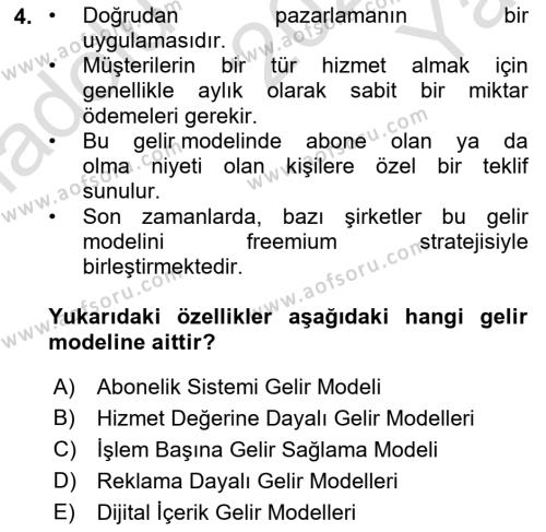 E-Perakendecilik Dersi 2021 - 2022 Yılı Yaz Okulu Sınavı 4. Soru