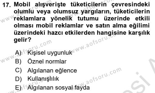 E-Perakendecilik Dersi 2022 - 2023 Yılı Yaz Okulu Sınavı 17. Soru