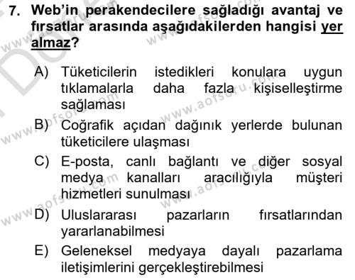 E-Perakendecilik Dersi 2023 - 2024 Yılı (Final) Dönem Sonu Sınavı 7. Soru