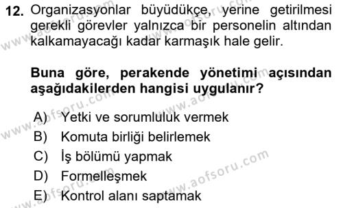 Perakende Yönetimi Dersi 2021 - 2022 Yılı (Vize) Ara Sınavı 12. Soru