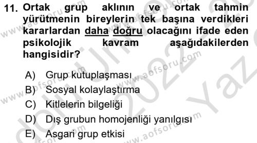 Psikoloji Dersi 2022 - 2023 Yılı Yaz Okulu Sınavı 11. Soru