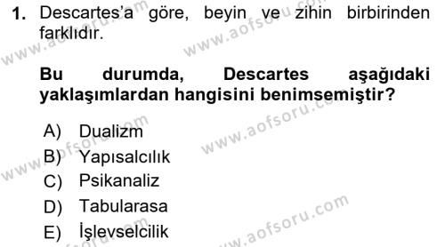 Psikoloji Dersi 2023 - 2024 Yılı (Vize) Ara Sınavı 1. Soru