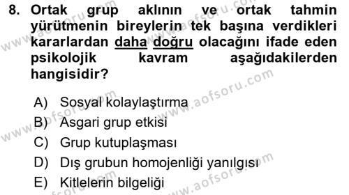 Psikoloji Dersi 2023 - 2024 Yılı Yaz Okulu Sınavı 8. Soru