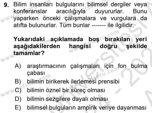 Psikoloji Dersi 2024 - 2025 Yılı (Vize) Ara Sınavı 9. Soru