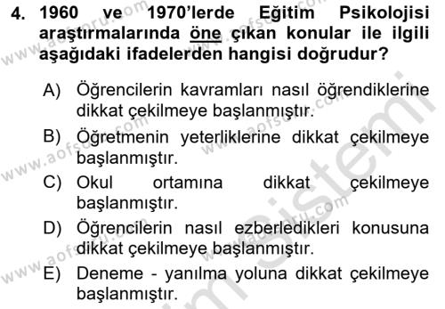 Eğitim Psikolojisi Dersi 2020 - 2021 Yılı Yaz Okulu Sınavı 4. Soru