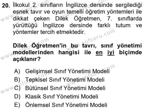 Eğitim Psikolojisi Dersi 2021 - 2022 Yılı (Final) Dönem Sonu Sınavı 20. Soru