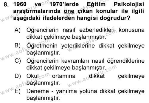 Eğitim Psikolojisi Dersi 2022 - 2023 Yılı Yaz Okulu Sınavı 8. Soru