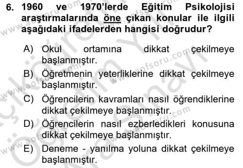 Eğitim Psikolojisi Dersi 2023 - 2024 Yılı (Vize) Ara Sınavı 6. Soru