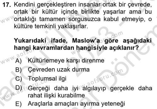 Eğitim Psikolojisi Dersi 2023 - 2024 Yılı (Final) Dönem Sonu Sınavı 17. Soru