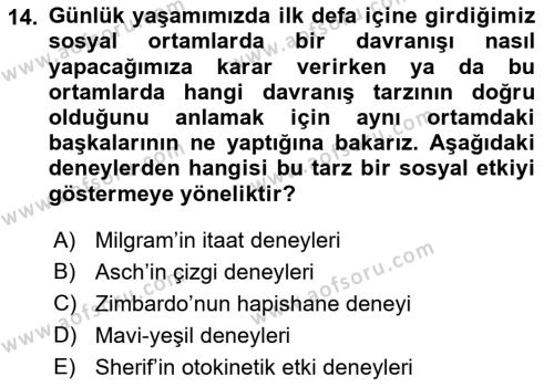 Sosyal Psikoloji 1 Dersi 2023 - 2024 Yılı (Vize) Ara Sınavı 14. Soru