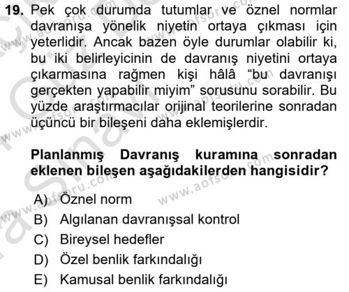 Sosyal Psikoloji 1 Dersi 2023 - 2024 Yılı (Vize) Ara Sınavı 19. Soru