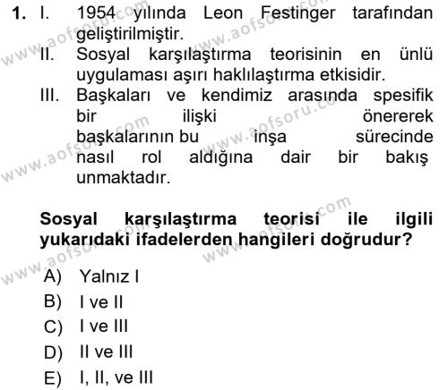 Sosyal Psikoloji 2 Dersi 2020 - 2021 Yılı Yaz Okulu Sınavı 1. Soru