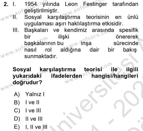 Sosyal Psikoloji 2 Dersi 2021 - 2022 Yılı (Vize) Ara Sınavı 2. Soru