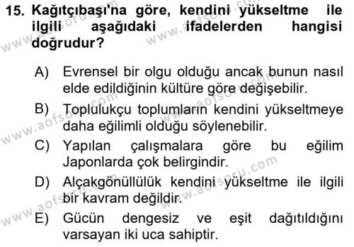 Sosyal Psikoloji 2 Dersi 2021 - 2022 Yılı (Final) Dönem Sonu Sınavı 15. Soru