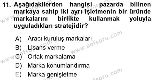 Pazarlama Yönetimi Dersi 2023 - 2024 Yılı (Vize) Ara Sınavı 11. Soru