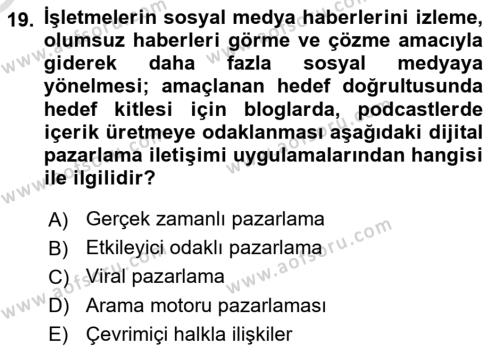 Pazarlama Yönetimi Dersi 2023 - 2024 Yılı Yaz Okulu Sınavı 19. Soru