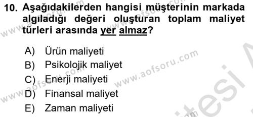 Pazarlama Yönetimi Dersi 2024 - 2025 Yılı (Vize) Ara Sınavı 10. Soru