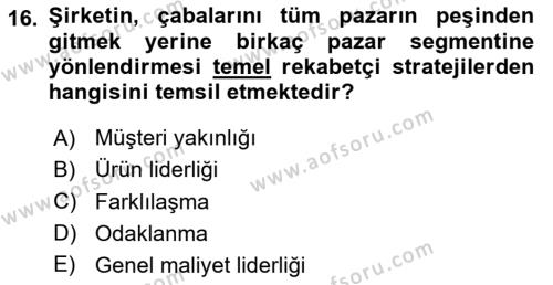 Pazarlama Yönetimi Dersi 2024 - 2025 Yılı (Vize) Ara Sınavı 16. Soru