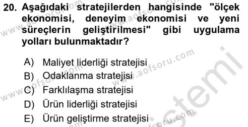 Pazarlama İlkeleri Dersi 2020 - 2021 Yılı Yaz Okulu Sınavı 20. Soru