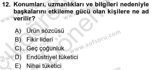 Pazarlama İlkeleri Dersi 2021 - 2022 Yılı (Vize) Ara Sınavı 12. Soru