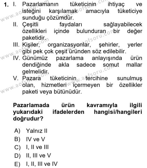 Pazarlama İlkeleri Dersi 2022 - 2023 Yılı (Vize) Ara Sınavı 1. Soru