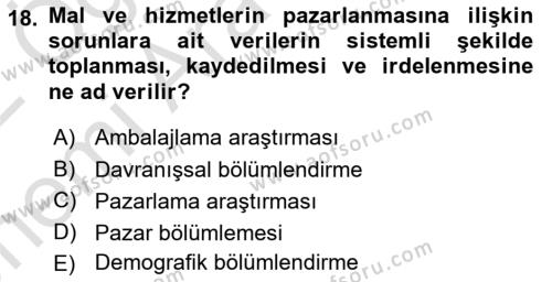 Sağlık Hizmetleri Pazarlaması Dersi 2021 - 2022 Yılı (Vize) Ara Sınavı 18. Soru