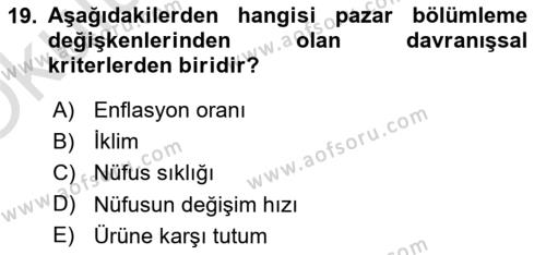 Spor Pazarlaması Dersi 2021 - 2022 Yılı Yaz Okulu Sınavı 19. Soru