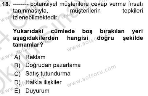 Spor Pazarlaması Dersi 2023 - 2024 Yılı Yaz Okulu Sınavı 18. Soru