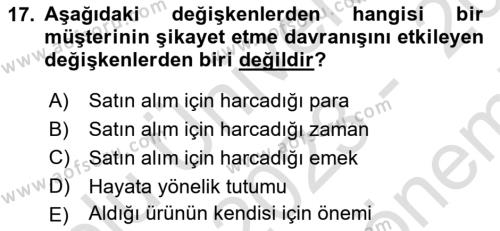 Müşteri İlişkileri Yönetimi Dersi 2023 - 2024 Yılı (Final) Dönem Sonu Sınavı 17. Soru