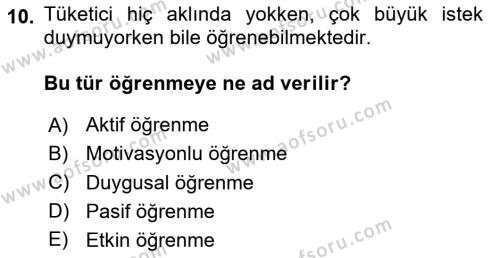 Tüketici Davranışları Dersi 2023 - 2024 Yılı Yaz Okulu Sınavı 10. Soru
