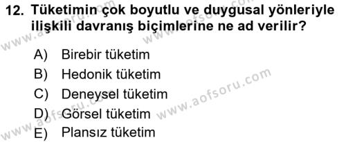 Tüketici Davranışları Dersi 2024 - 2025 Yılı (Vize) Ara Sınavı 12. Soru