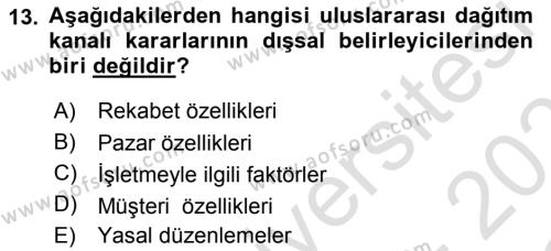 Uluslararası Pazarlama Dersi 2020 - 2021 Yılı Yaz Okulu Sınavı 13. Soru