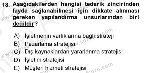 Tedarik Zinciri Yönetimi Dersi 2018 - 2019 Yılı (Vize) Ara Sınavı 18. Soru