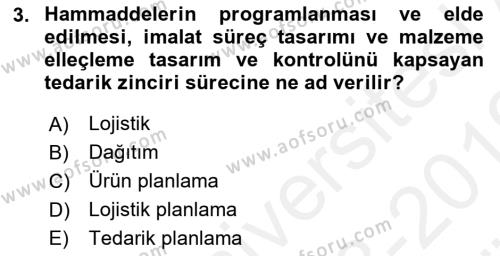 Tedarik Zinciri Yönetimi Dersi 2018 - 2019 Yılı (Vize) Ara Sınavı 3. Soru