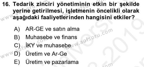 Tedarik Zinciri Yönetimi Dersi 2018 - 2019 Yılı (Final) Dönem Sonu Sınavı 16. Soru