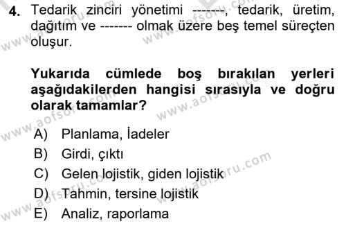 Tedarik Zinciri Yönetimi Dersi 2021 - 2022 Yılı (Vize) Ara Sınavı 4. Soru