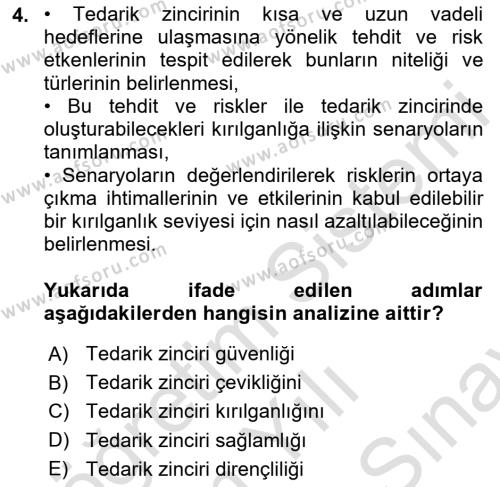 Tedarik Zinciri Yönetimi Dersi 2021 - 2022 Yılı (Final) Dönem Sonu Sınavı 4. Soru