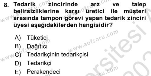 Tedarik Zinciri Yönetimi Dersi 2021 - 2022 Yılı (Final) Dönem Sonu Sınavı 8. Soru