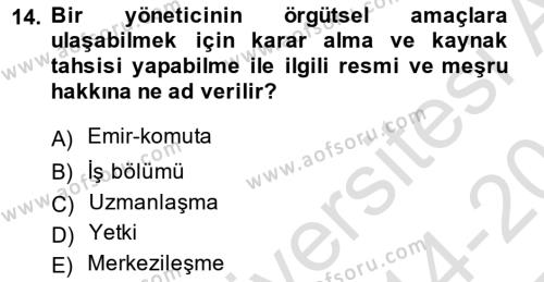 Satış Yönetimi Dersi 2014 - 2015 Yılı Tek Ders Sınavı 14. Soru