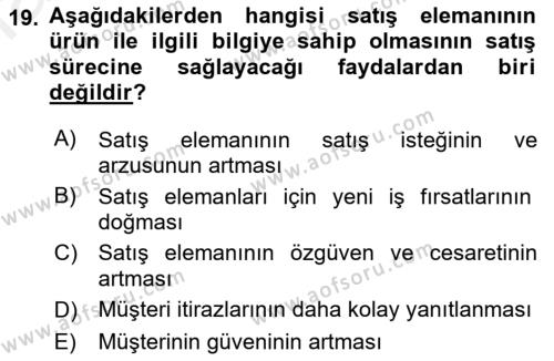 Satış Yönetimi Dersi 2015 - 2016 Yılı (Vize) Ara Sınavı 19. Soru