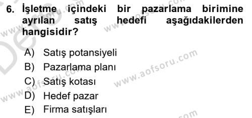 Satış Yönetimi Dersi 2018 - 2019 Yılı 3 Ders Sınavı 6. Soru